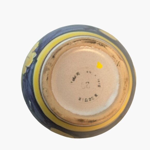 Italian Folk Pottery Pot Blue Yellow Flower Signed Hand Painted Ceramic Floral - Picture 6 of 8